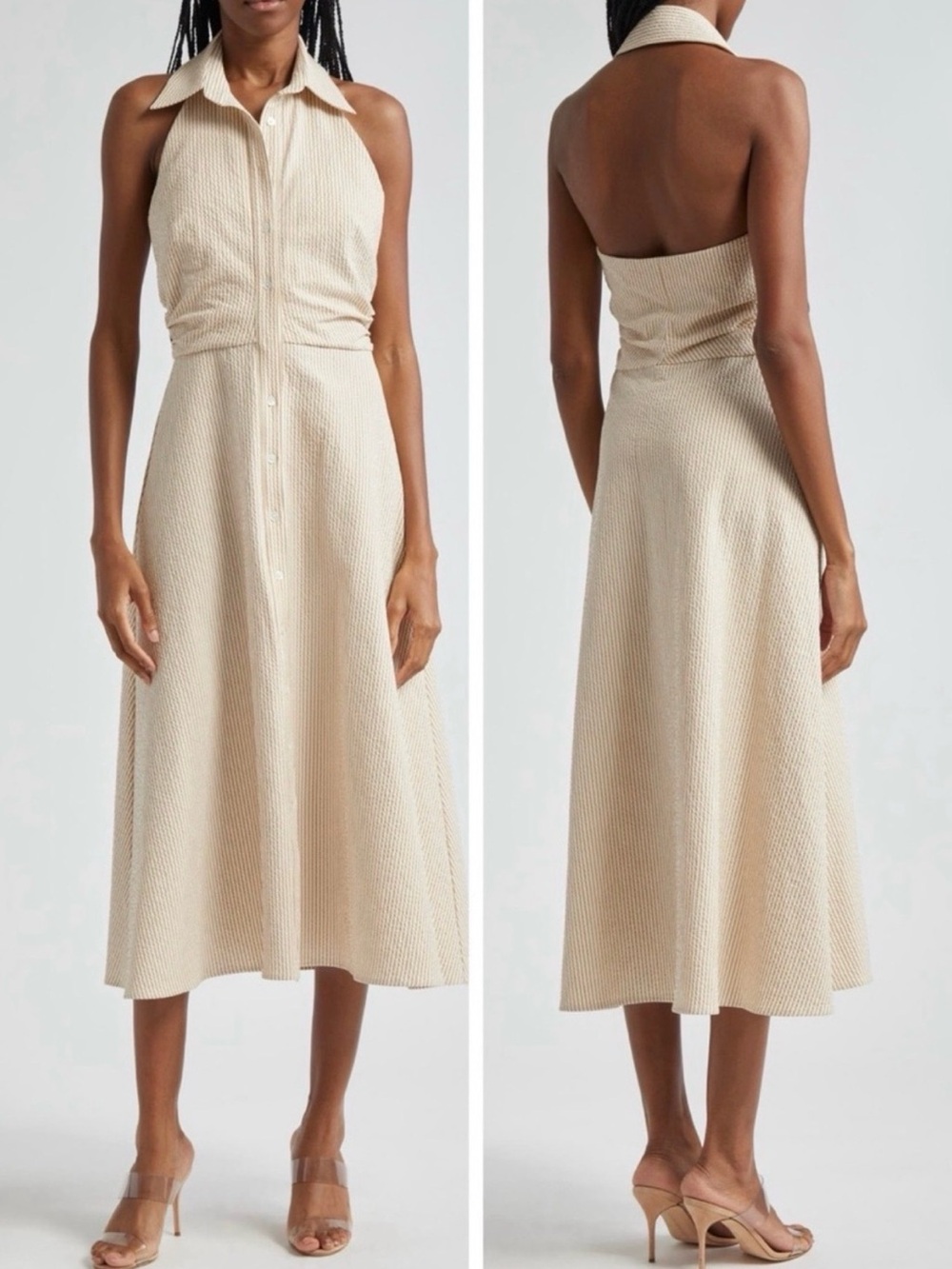 Veronica Beard - Mackey Dress - White/Beige Seersucker Halter Dress - 12